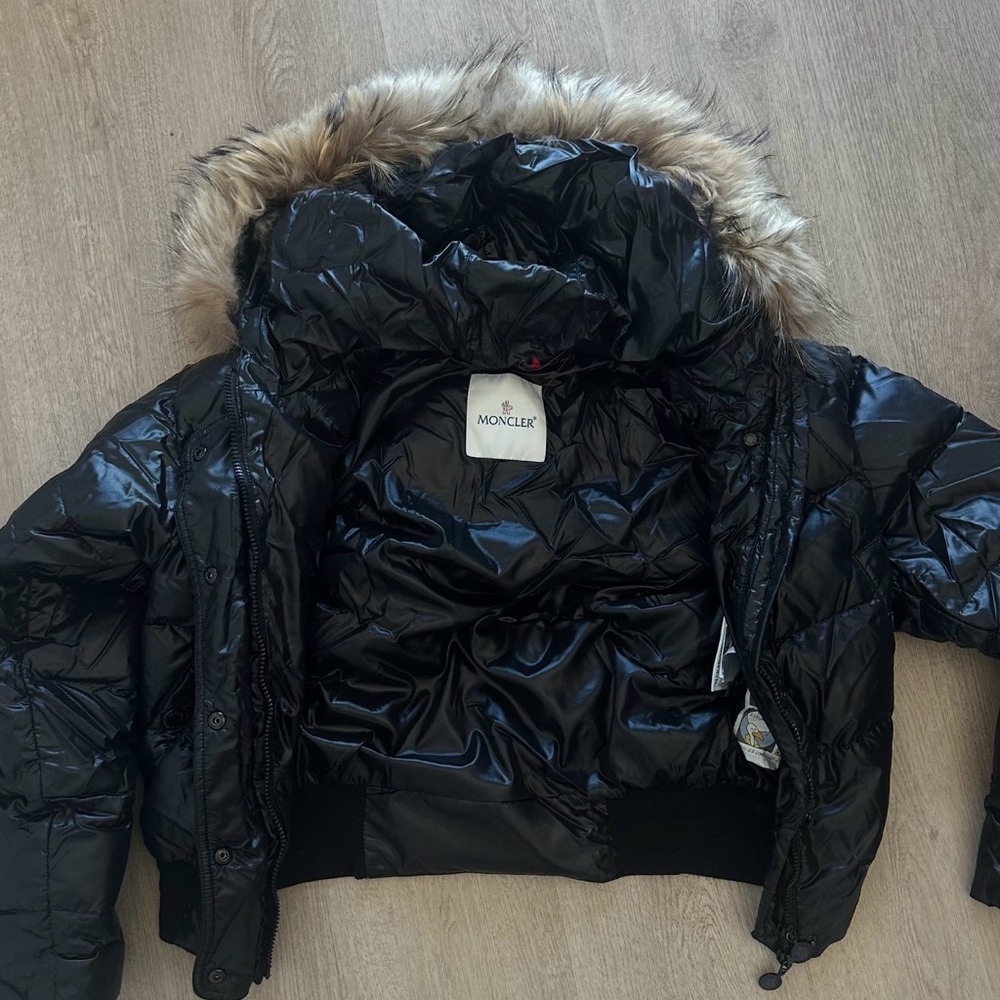 Moncler Women's Shiny Black Puffer Coat with Fur Trim